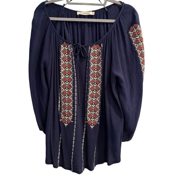 Solitaire Tops - Solitaire 1X Navy Blue Peasant Style Top With Emrboidery